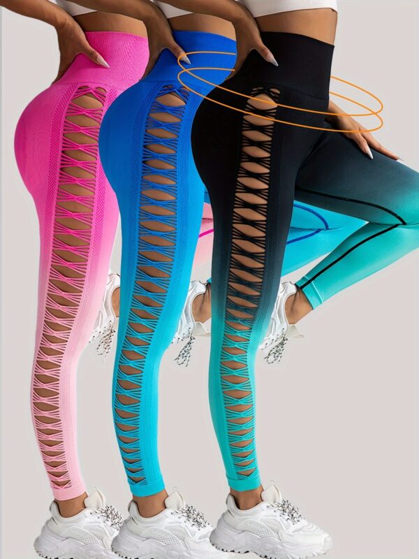 3 Pack Women's Gradient Color Butterfly Hollow High Waist Butt Lifting Long Fitness Pants, Seamless Leggings For Women High Waist Yoga Pants, Scrunch Butt Lifting Elastic Tights - Image 6