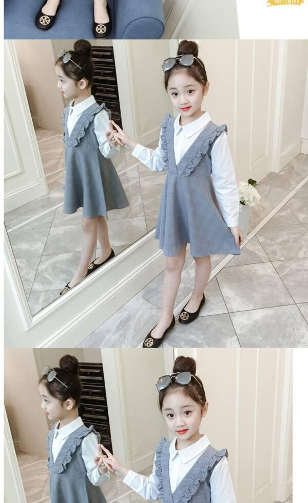 Girls' Long-Sleeved Dresses, Big Kids' Fake Two-Piece Plaid Skirt - Image 2