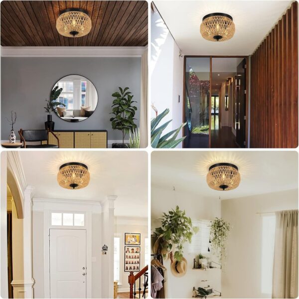 3 Lamp Woven Rattan Recessed Chandelier Lamp Fixture With Handmade Cage Lampshade For Bedroom, Kitchen, Hallway, Porch   Unavailable Platforms- Welfel - Image 2